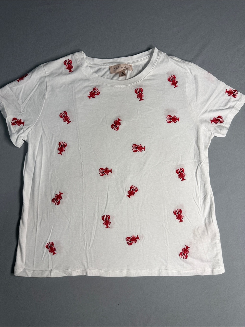 Philosophy White Tee with Red Lobster Motif